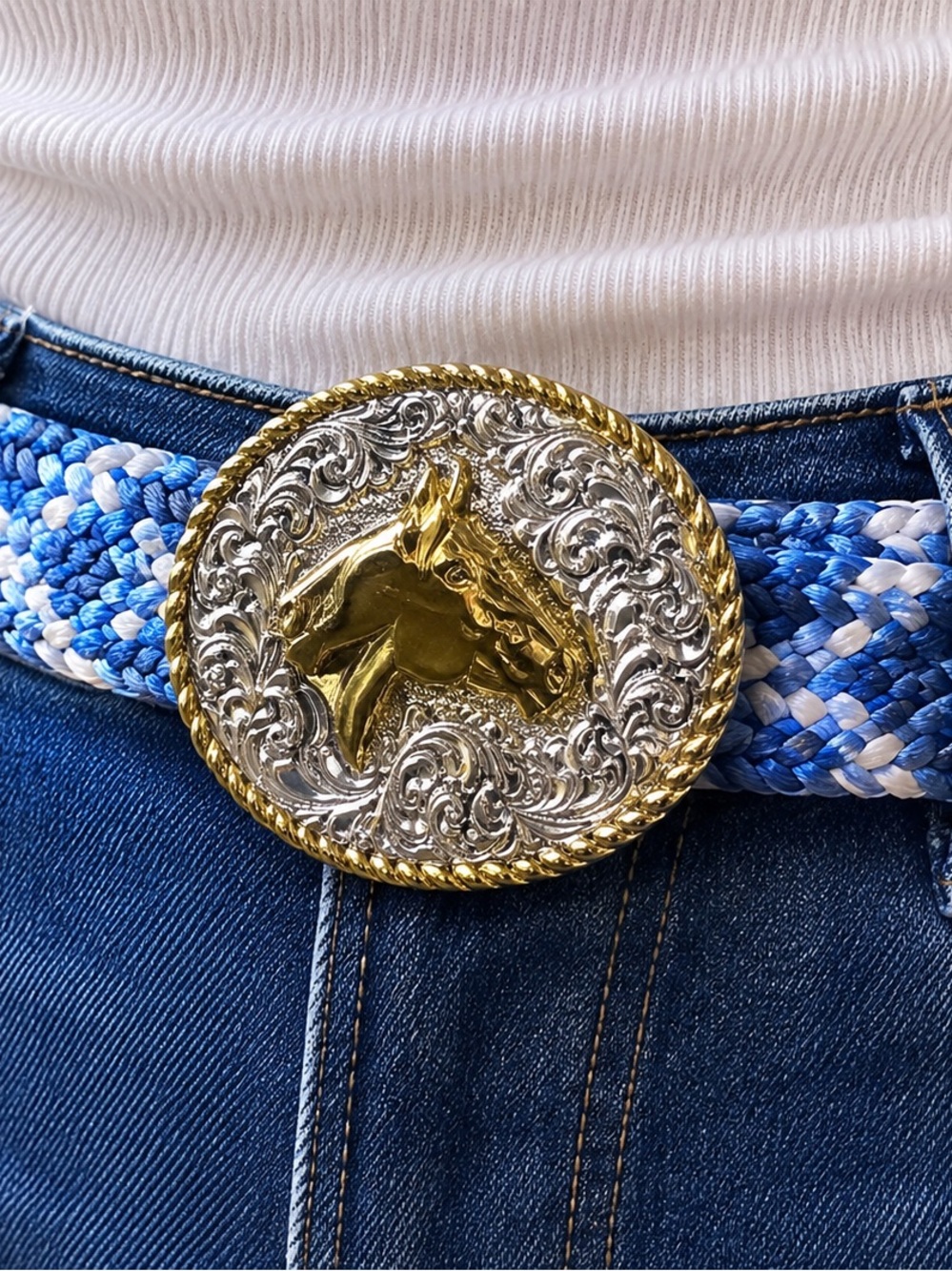 Vintage Crumrine Western Belt Buckle Blue White Woven Heavy Silver Plate USA